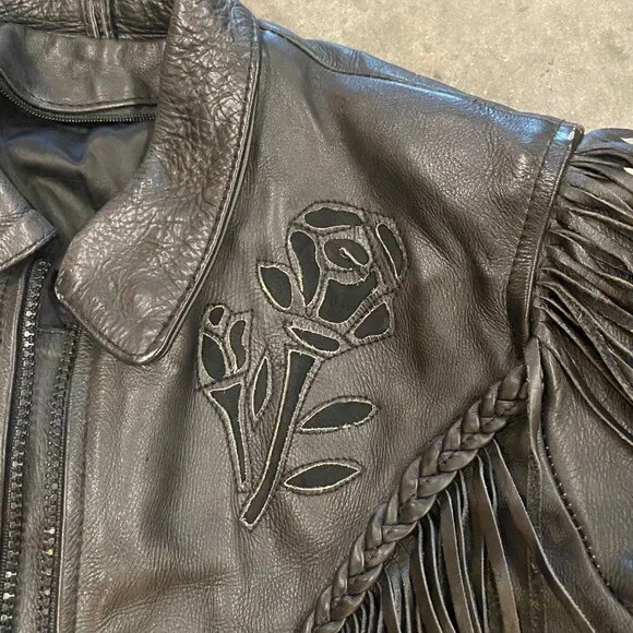Black Leather Vintage Biker Jacket with Fringe and Rose Detail - Picture 2 of 13